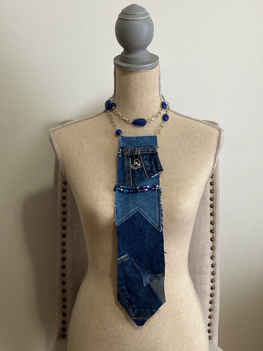 Handcrafted Denim Tie with Blue Bead Accents